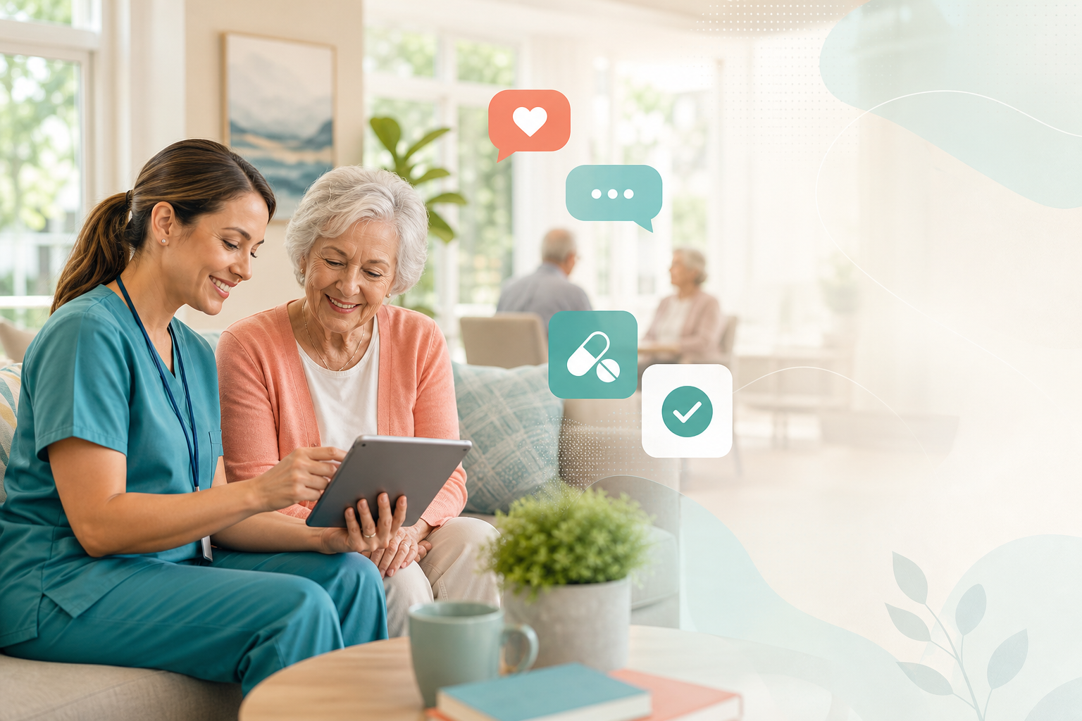 A caregiver and resident looking at a tablet together.